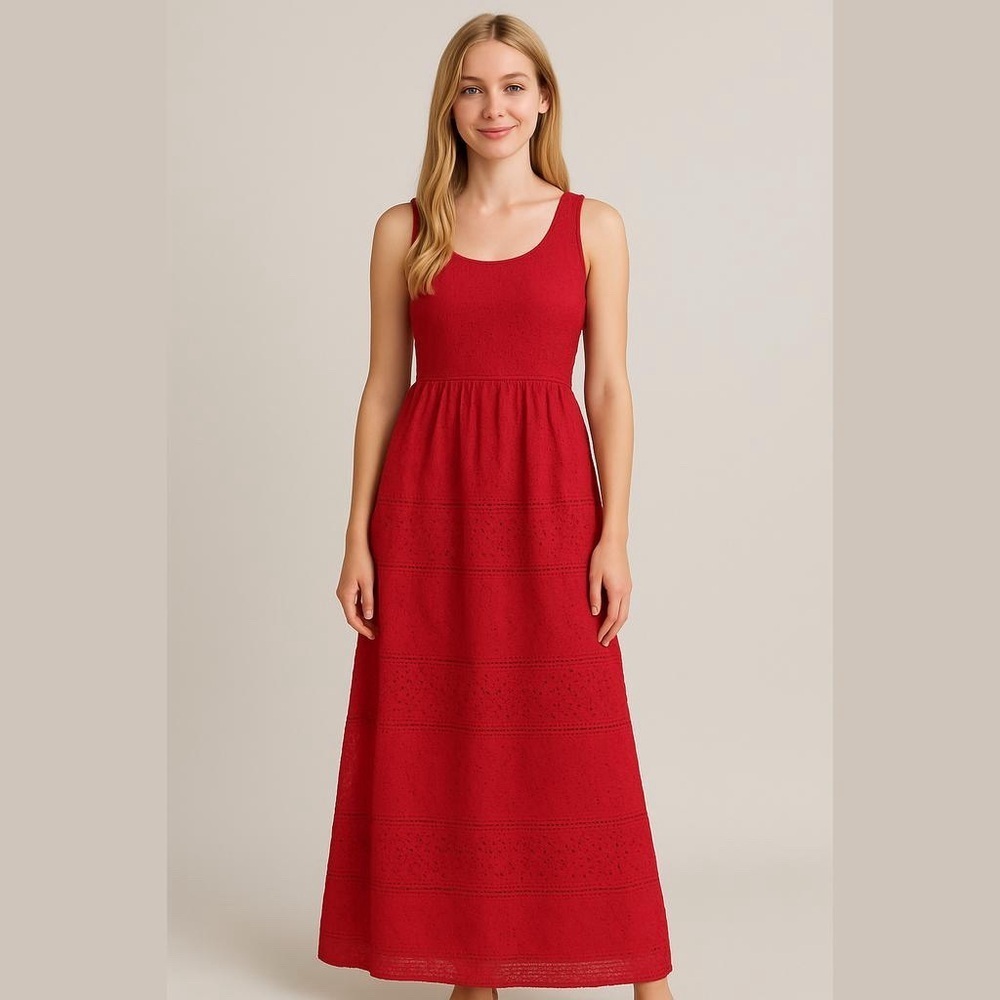 Isaac Mizrahi Red Maxi Dress  XS Eyelet Fully Lined Elastic at Waist NEW 54"